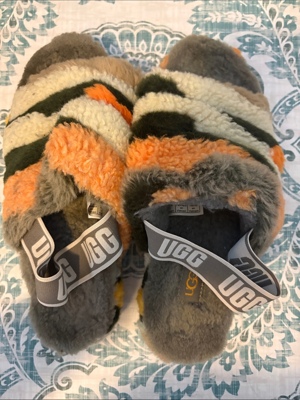 UGG Kids Multicolor Fluff Slide - Gray, Orange & Cream